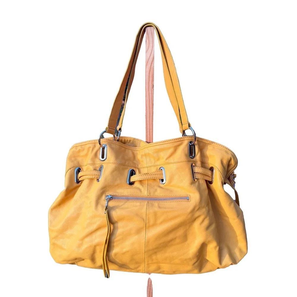 DONALD J PLINER Womens Mustard Yellow Leather Drawstring Hobo Shoulder Bag